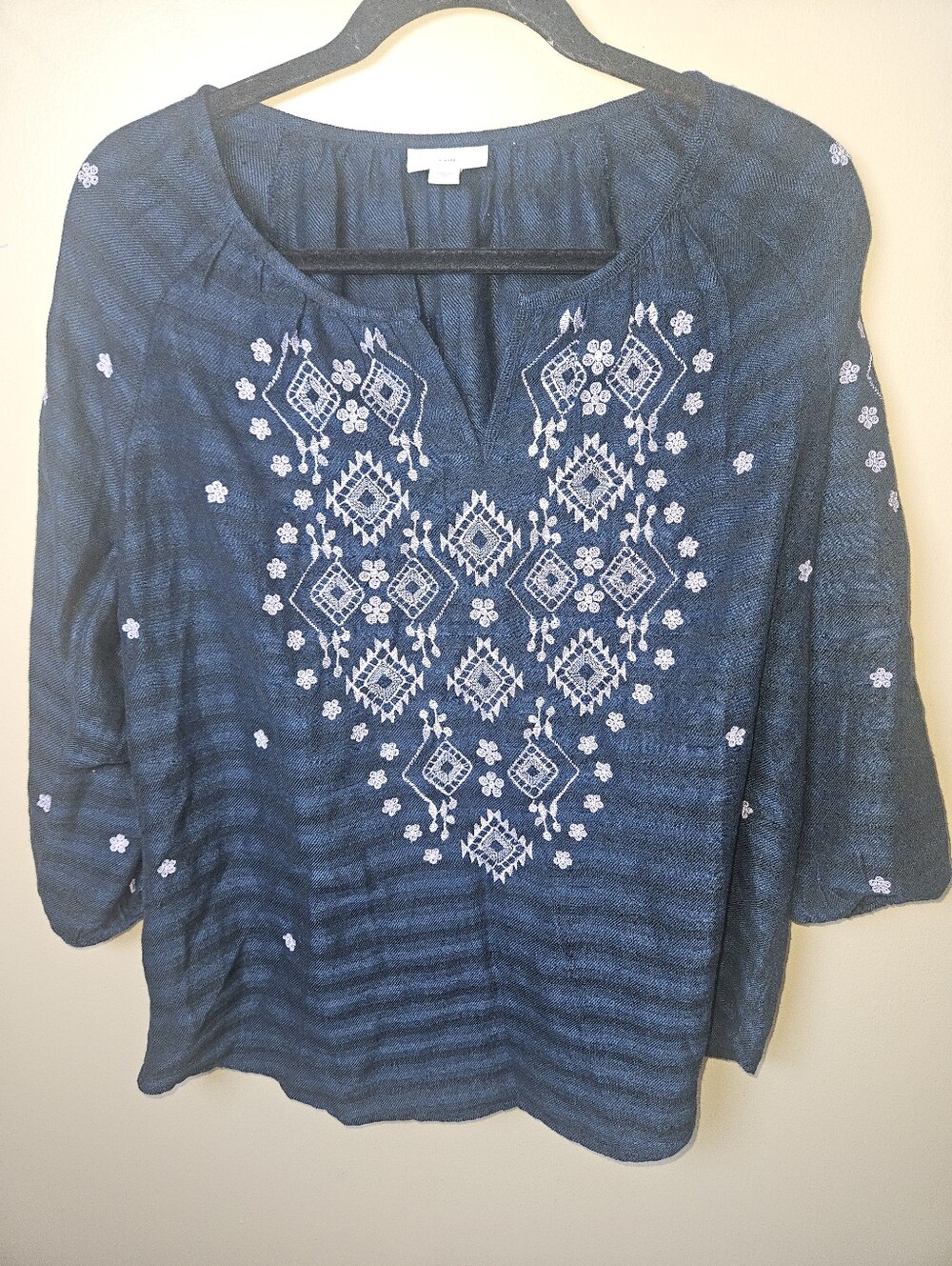 J Jill Navy Purple Floral Embroidered Vneck 3/4 Sleeve Blouse Shirt Medium